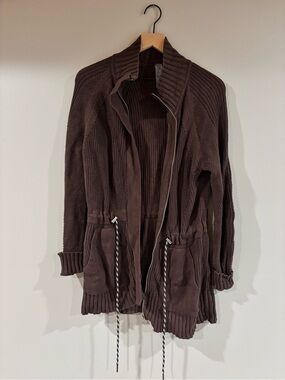 Lou & Grey Long long Cardigan Waist cinch coat brown full zip cardigan tie waist
